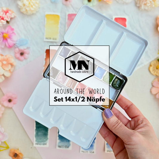 MNcolors-Set: Around the World 14 x 1/2 Napf inkl. Metallkasten - handgemachte Aquarellfarben