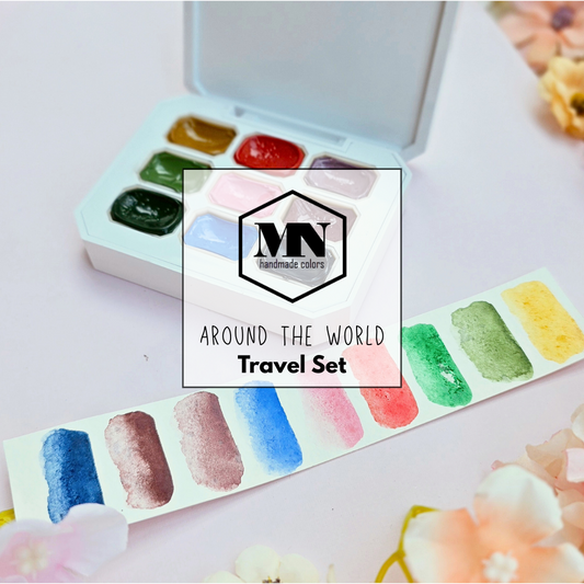 MNcolors Set: Around the World: Traveler Set - 9 Farben in einer kompakten Box - handgemachte Aquarellfarben